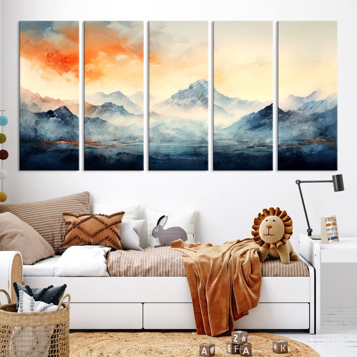 Mountain & Sunset Piece Wall Art, Abstract Nature Print, Watercolor Landscape Painting, Stretched and Framed