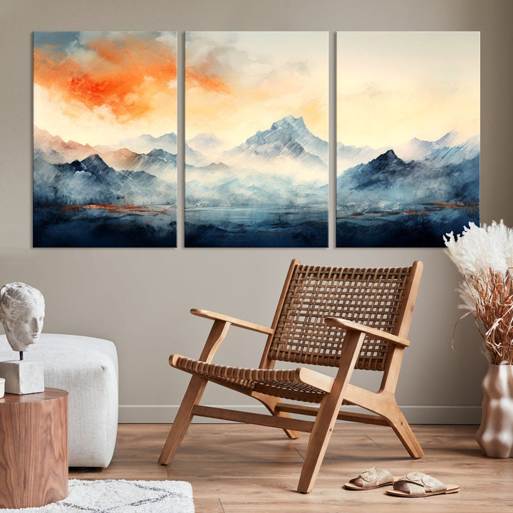 Mountain & Sunset Piece Wall Art, Abstract Nature Print, Watercolor Landscape Painting, Stretched and Framed