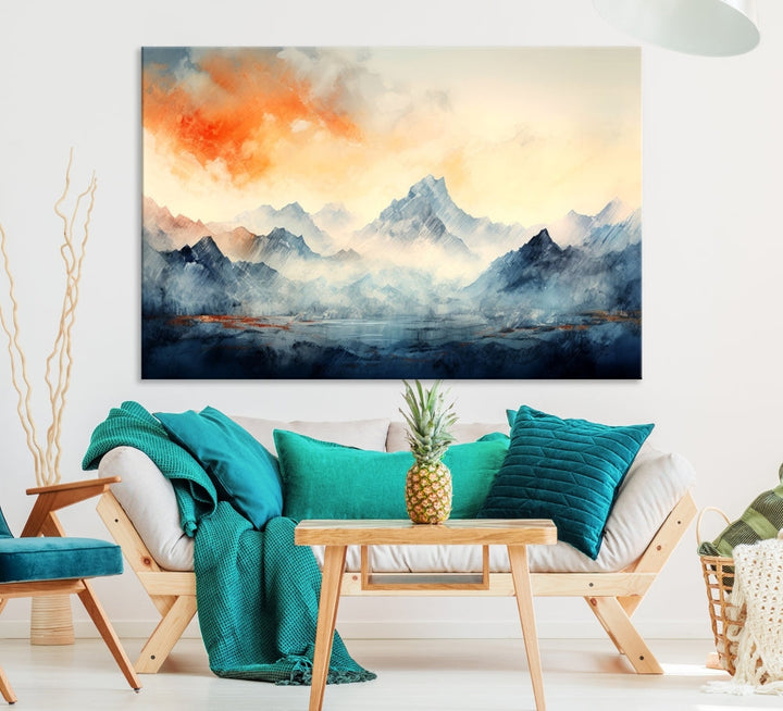 Mountain & Sunset Piece Wall Art, Abstract Nature Print, Watercolor Landscape Painting, Stretched and Framed