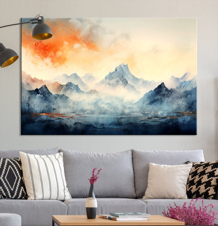 Mountain & Sunset Piece Wall Art, Abstract Nature Print, Watercolor Landscape Painting, Stretched and Framed