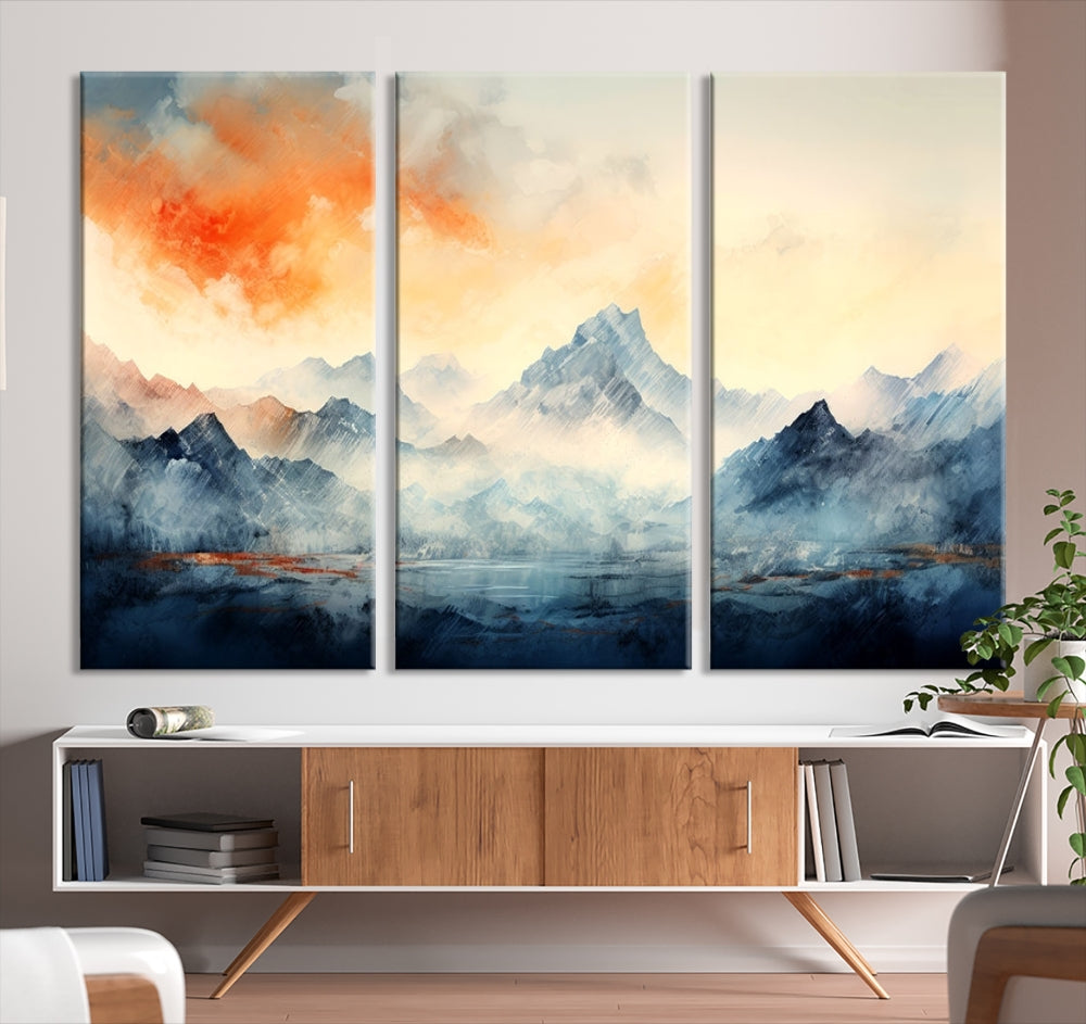 Mountain & Sunset Piece Wall Art, Abstract Nature Print, Watercolor Landscape Painting, Stretched and Framed