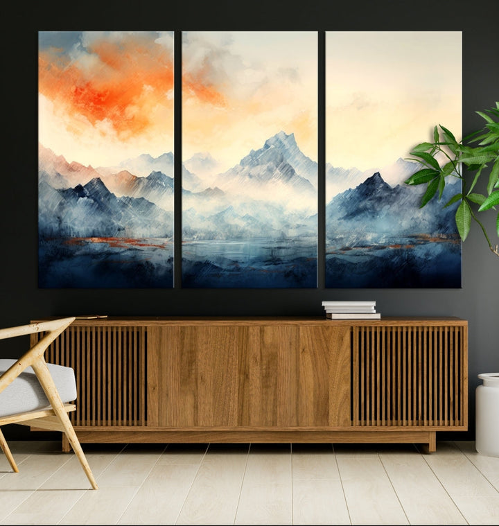 Mountain & Sunset Piece Wall Art, Abstract Nature Print, Watercolor Landscape Painting, Stretched and Framed