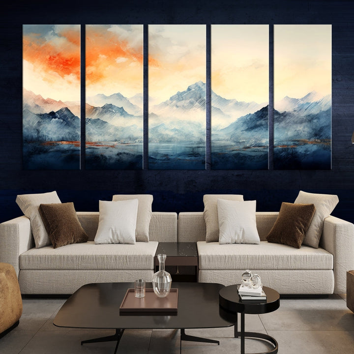 Mountain & Sunset Piece Wall Art, Abstract Nature Print, Watercolor Landscape Painting, Stretched and Framed