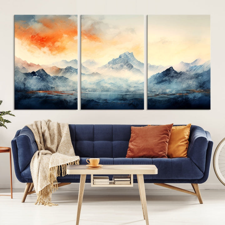 Mountain & Sunset Piece Wall Art, Abstract Nature Print, Watercolor Landscape Painting, Stretched and Framed