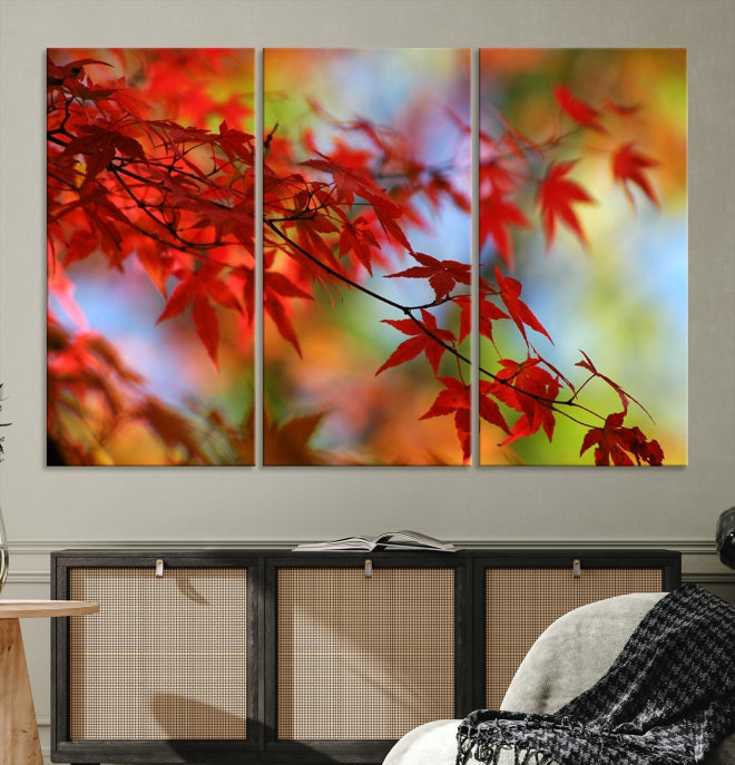 Multi Panel Red Leaves Autumn Canvas Wall Art Giclee Print