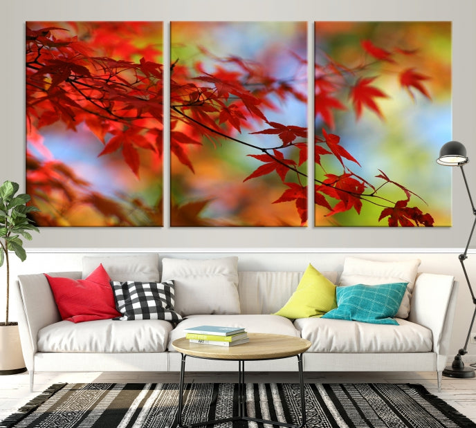 Multi Panel Red Leaves Autumn Canvas Wall Art Giclee Print