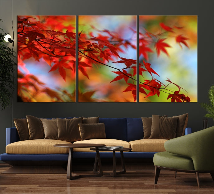 Multi Panel Red Leaves Autumn Canvas Wall Art Giclee Print