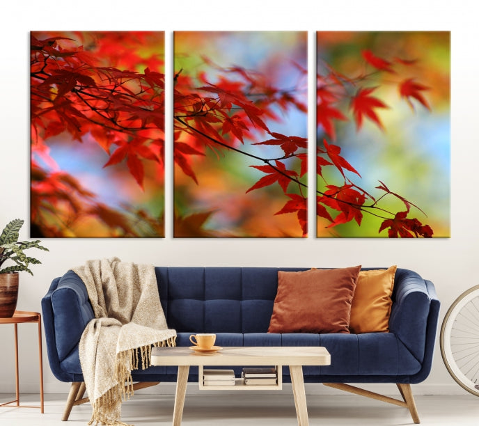 Multi Panel Red Leaves Autumn Canvas Wall Art Giclee Print