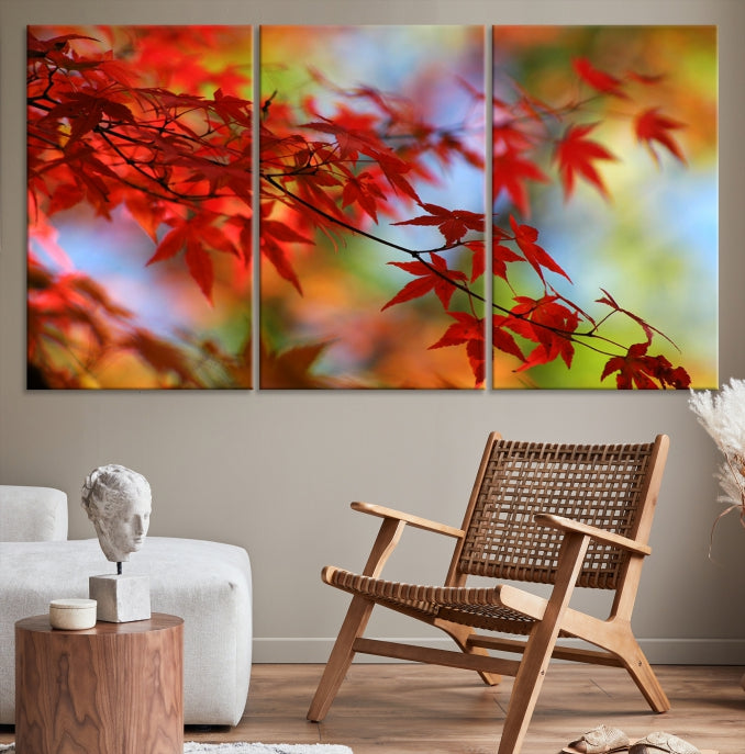 Multi Panel Red Leaves Autumn Canvas Wall Art Giclee Print