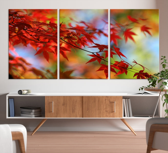 Multi Panel Red Leaves Autumn Canvas Wall Art Giclee Print