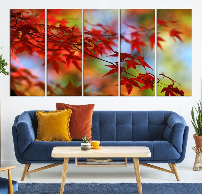 Multi Panel Red Leaves Autumn Canvas Wall Art Giclee Print