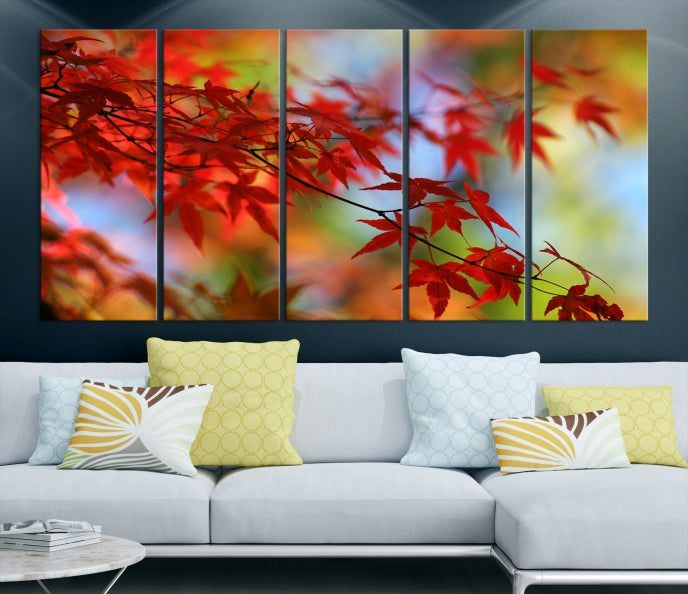 Multi Panel Red Leaves Autumn Canvas Wall Art Giclee Print