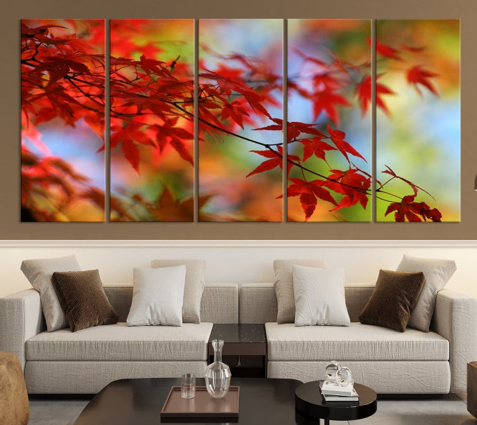 Multi Panel Red Leaves Autumn Canvas Wall Art Giclee Print