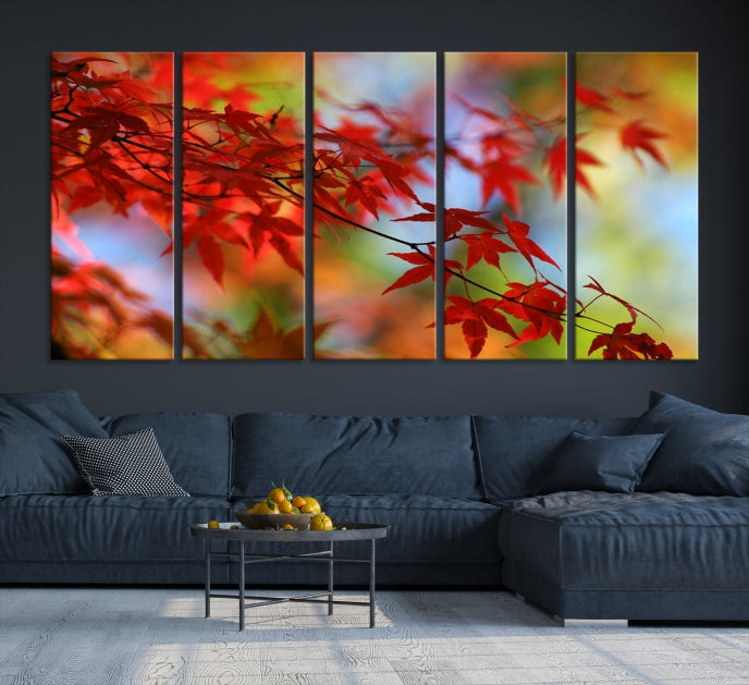 Multi Panel Red Leaves Autumn Canvas Wall Art Giclee Print