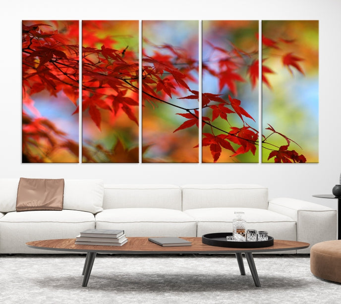 Multi Panel Red Leaves Autumn Canvas Wall Art Giclee Print