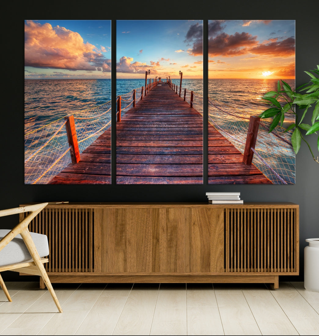 Multi Panel Sunset Beach and Pier Canvas Wall Art Giclee Print