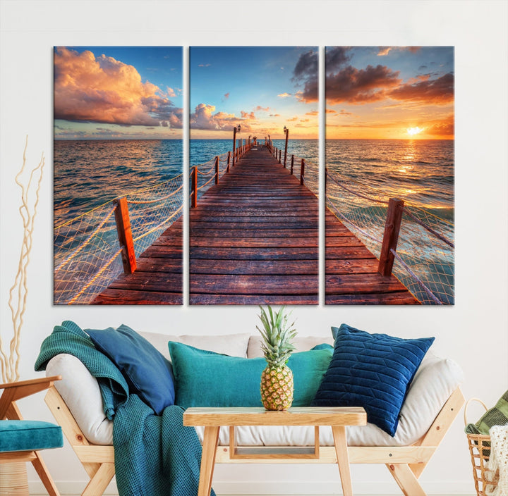 Multi Panel Sunset Beach and Pier Canvas Wall Art Giclee Print