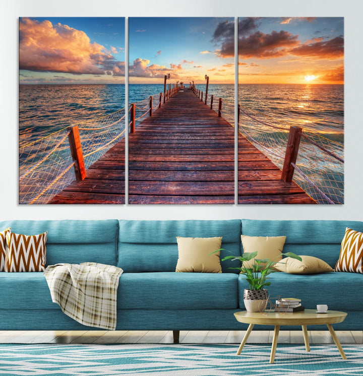 Multi Panel Sunset Beach and Pier Canvas Wall Art Giclee Print