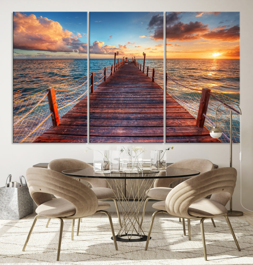 Multi Panel Sunset Beach and Pier Canvas Wall Art Giclee Print