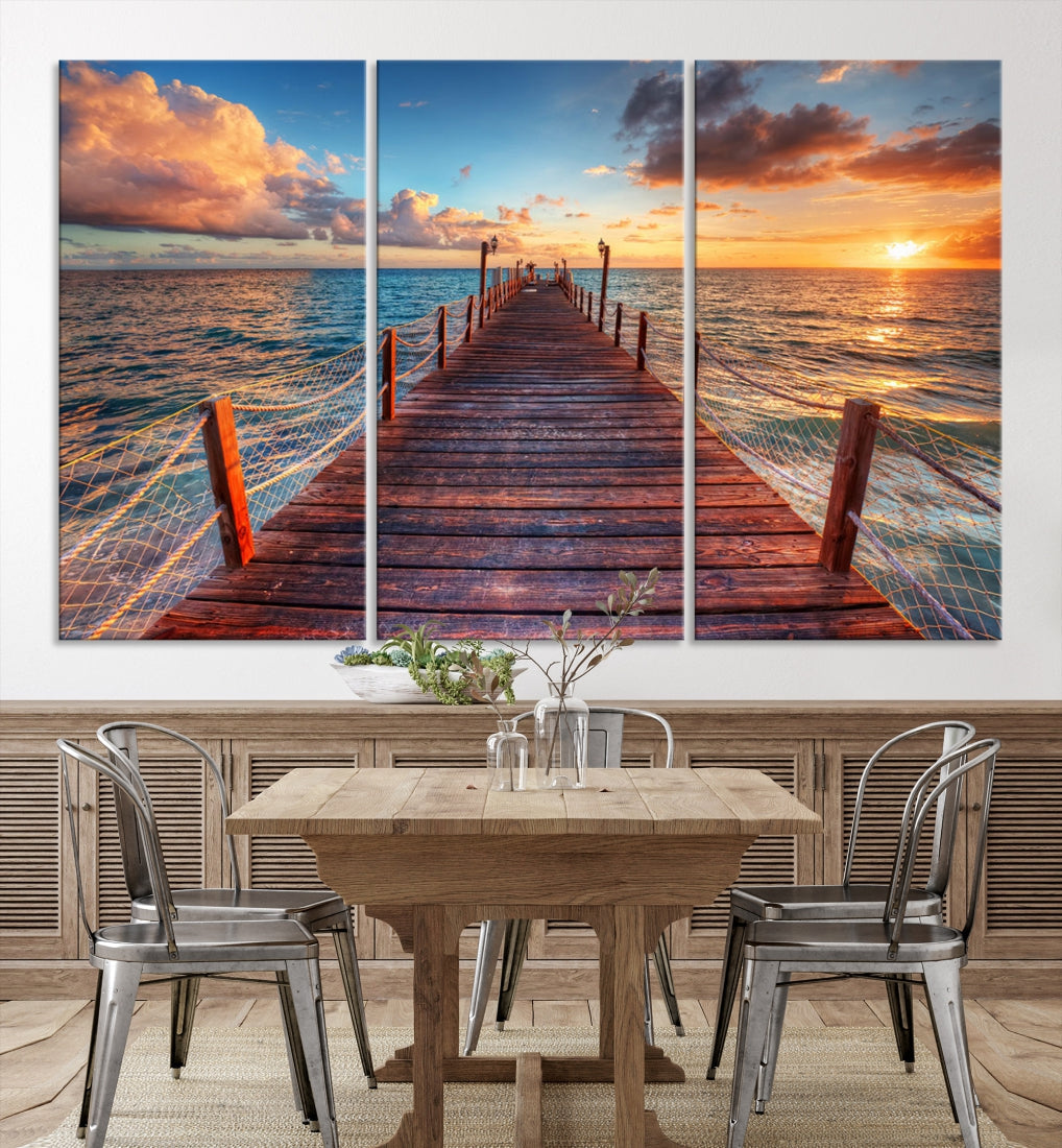 Multi Panel Sunset Beach and Pier Canvas Wall Art Giclee Print