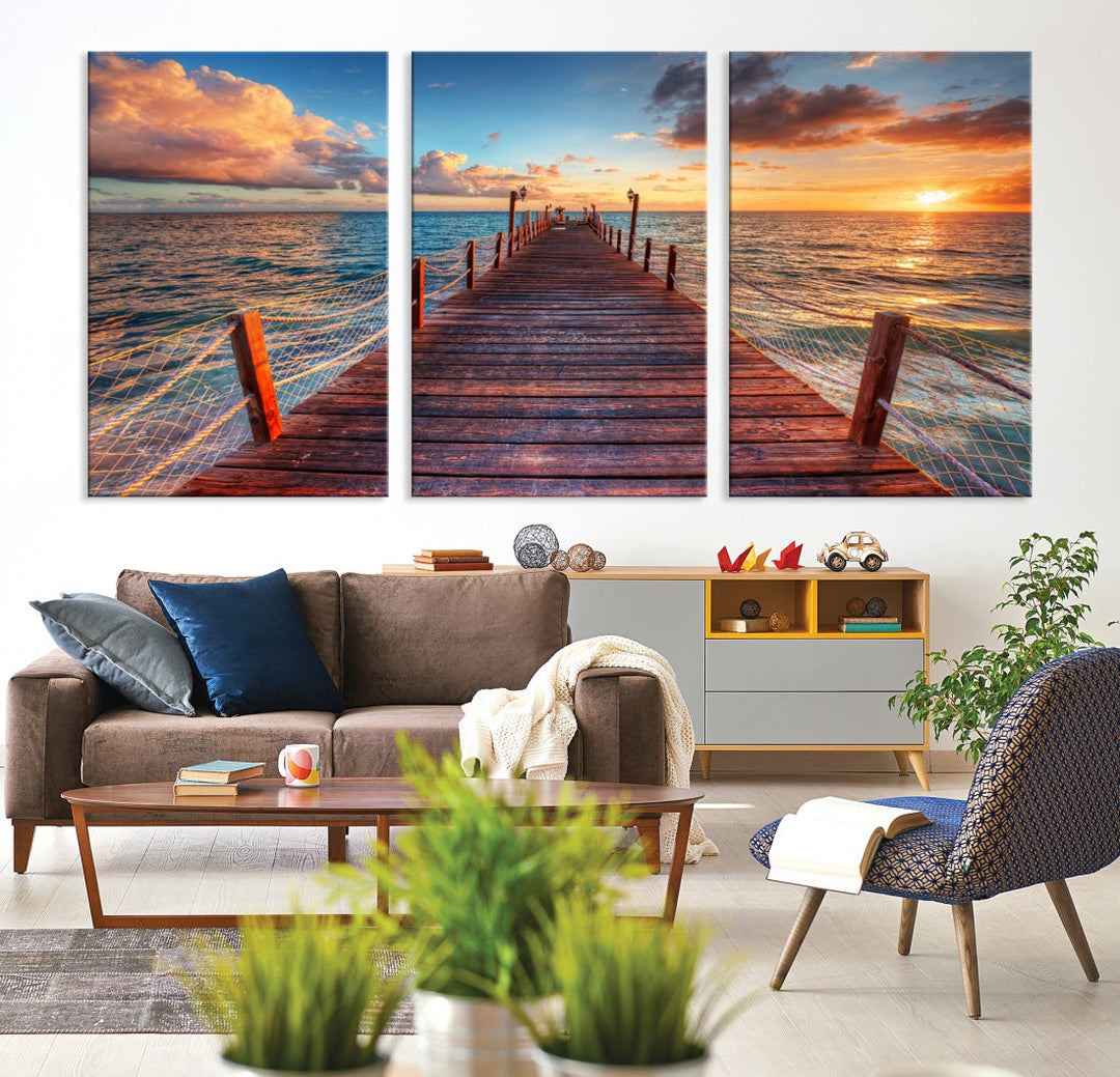 Multi Panel Sunset Beach and Pier Canvas Wall Art Giclee Print