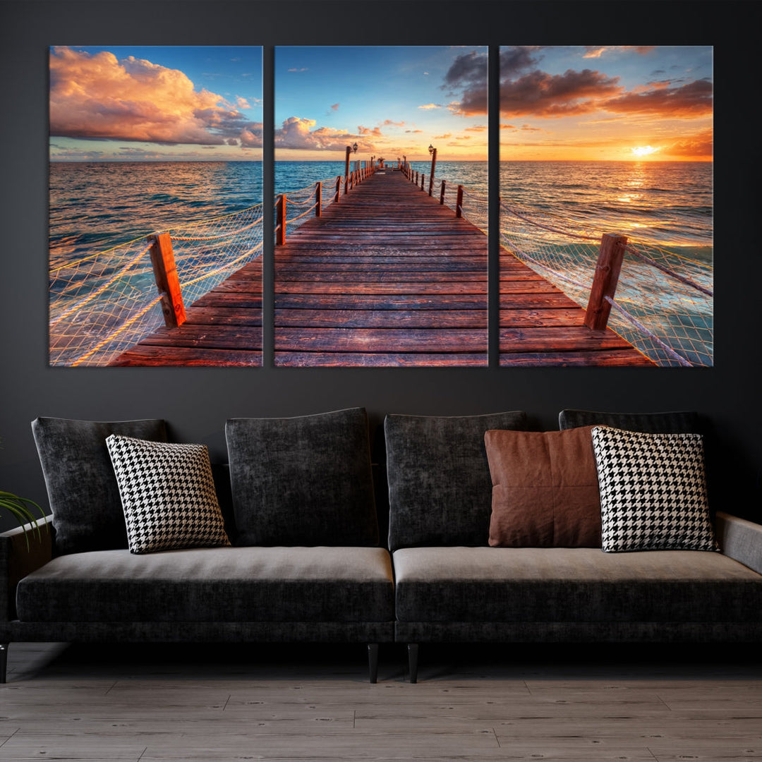 Multi Panel Sunset Beach and Pier Canvas Wall Art Giclee Print