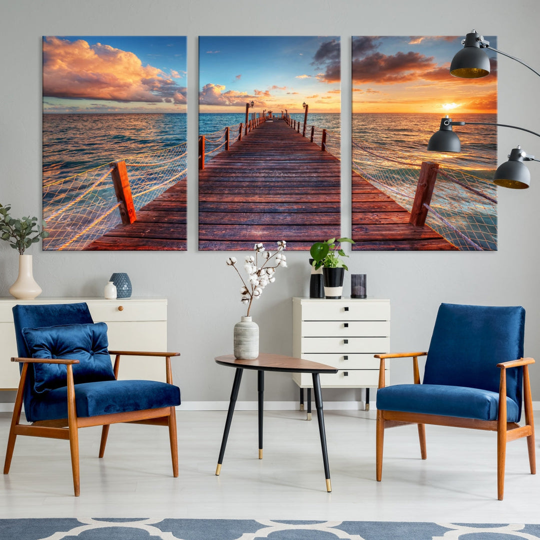 Multi Panel Sunset Beach and Pier Canvas Wall Art Giclee Print