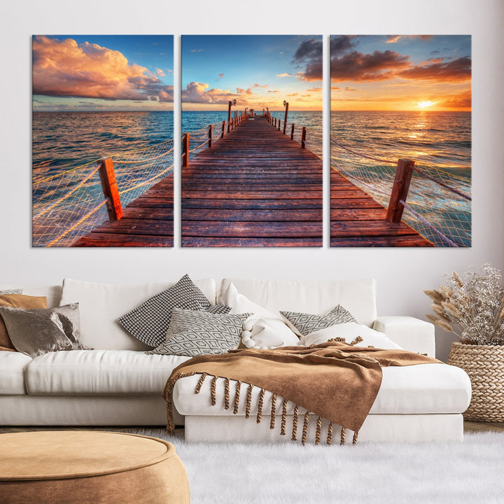 Multi Panel Sunset Beach and Pier Canvas Wall Art Giclee Print