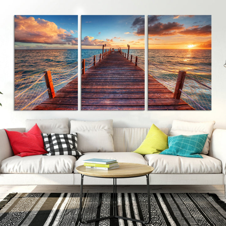 Multi Panel Sunset Beach and Pier Canvas Wall Art Giclee Print