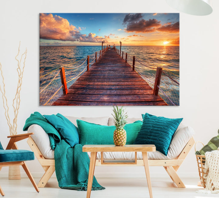 Multi Panel Sunset Beach and Pier Canvas Wall Art Giclee Print