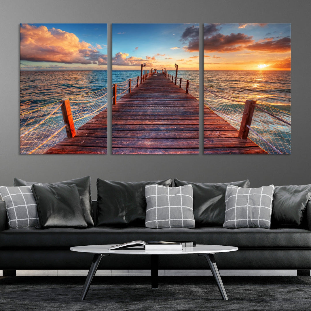 Multi Panel Sunset Beach and Pier Canvas Wall Art Giclee Print