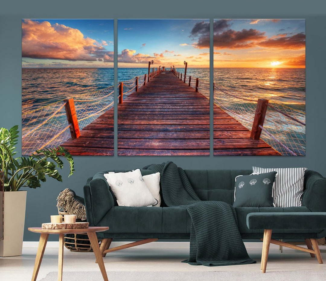 Multi Panel Sunset Beach and Pier Canvas Wall Art Giclee Print