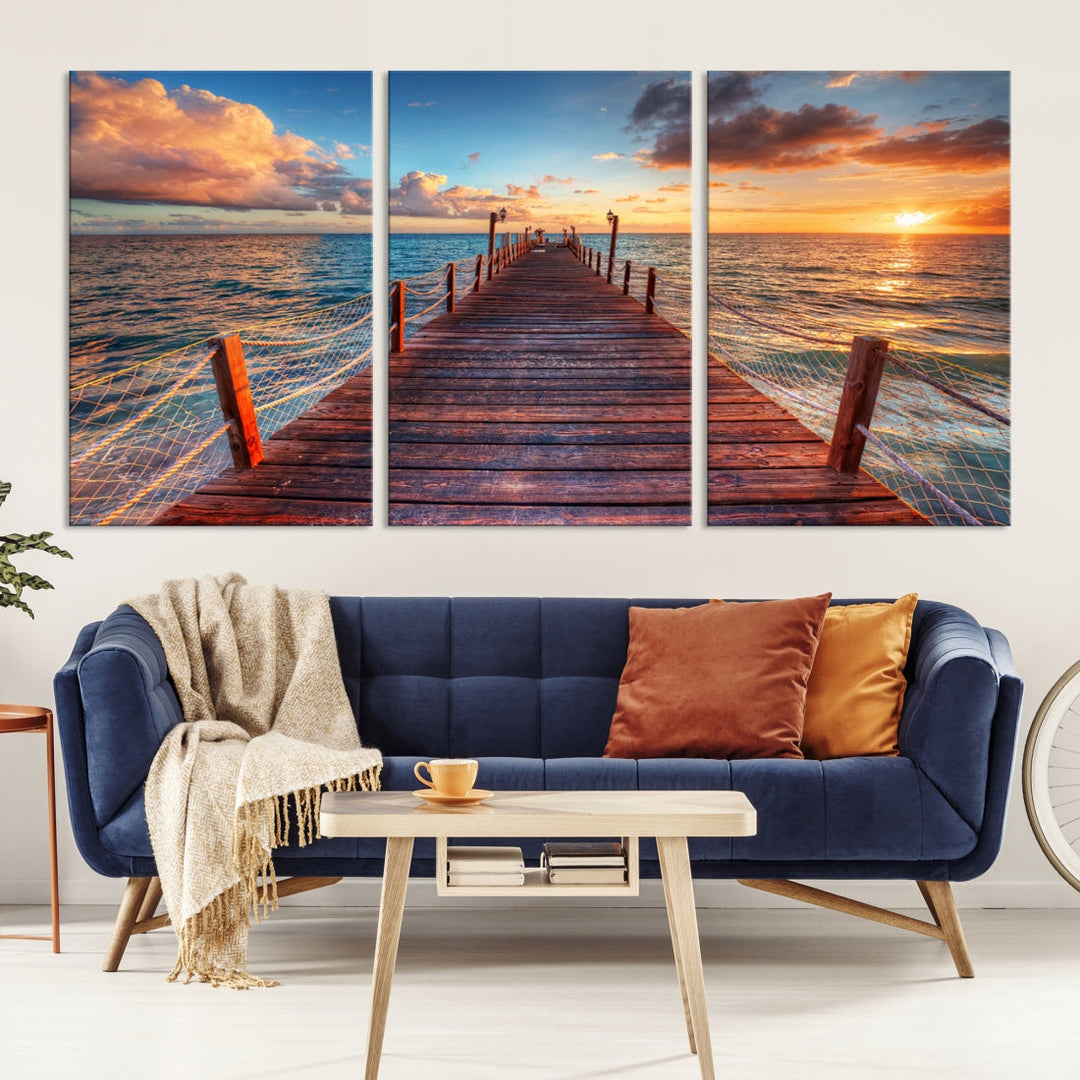 Multi Panel Sunset Beach and Pier Canvas Wall Art Giclee Print