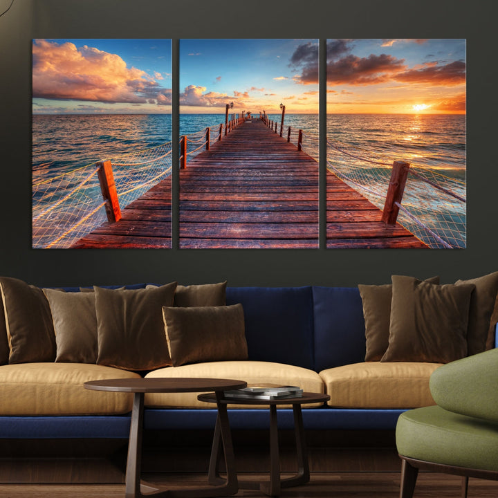 Multi Panel Sunset Beach and Pier Canvas Wall Art Giclee Print