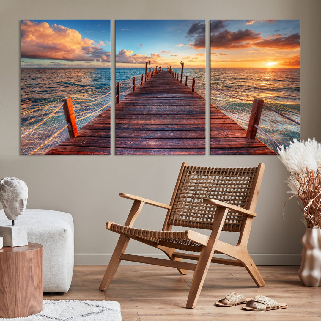 Multi Panel Sunset Beach and Pier Canvas Wall Art Giclee Print