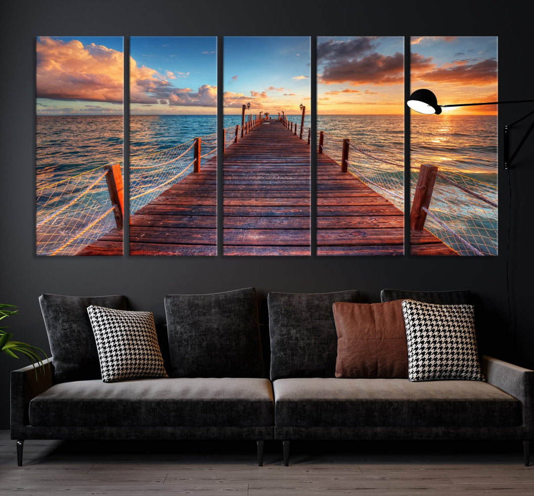 Multi Panel Sunset Beach and Pier Canvas Wall Art Giclee Print