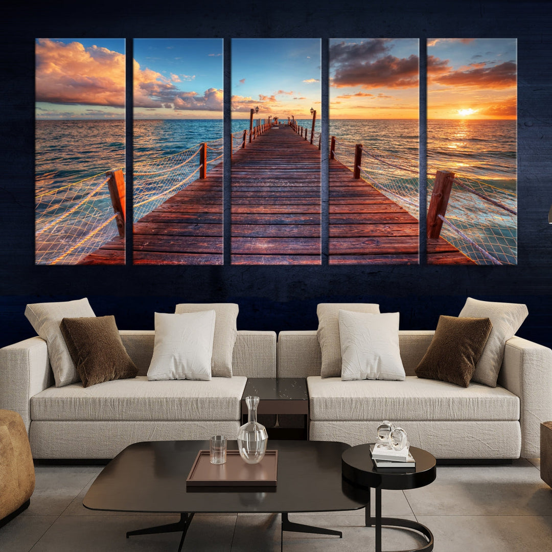 Multi Panel Sunset Beach and Pier Canvas Wall Art Giclee Print