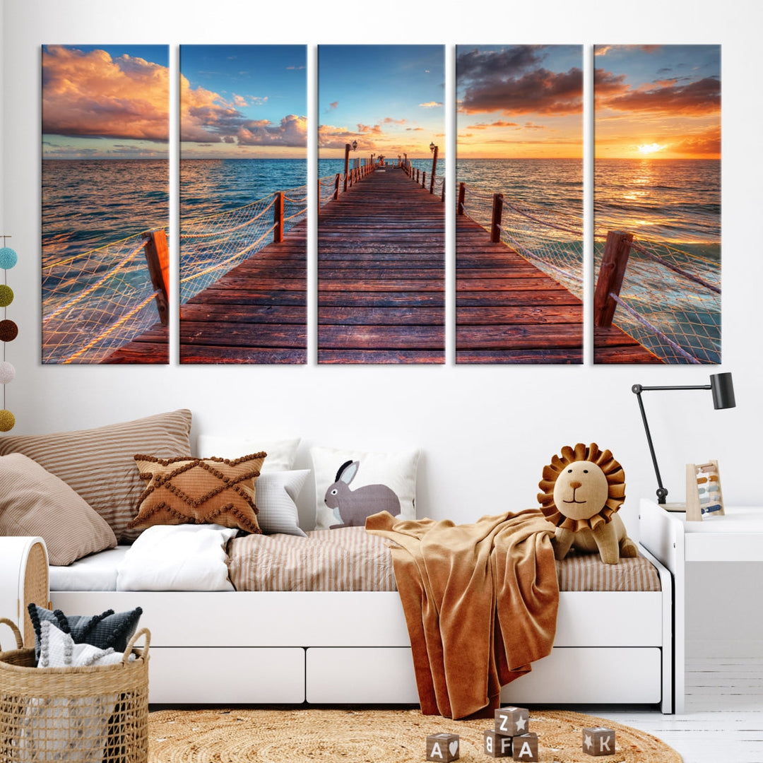 Multi Panel Sunset Beach and Pier Canvas Wall Art Giclee Print