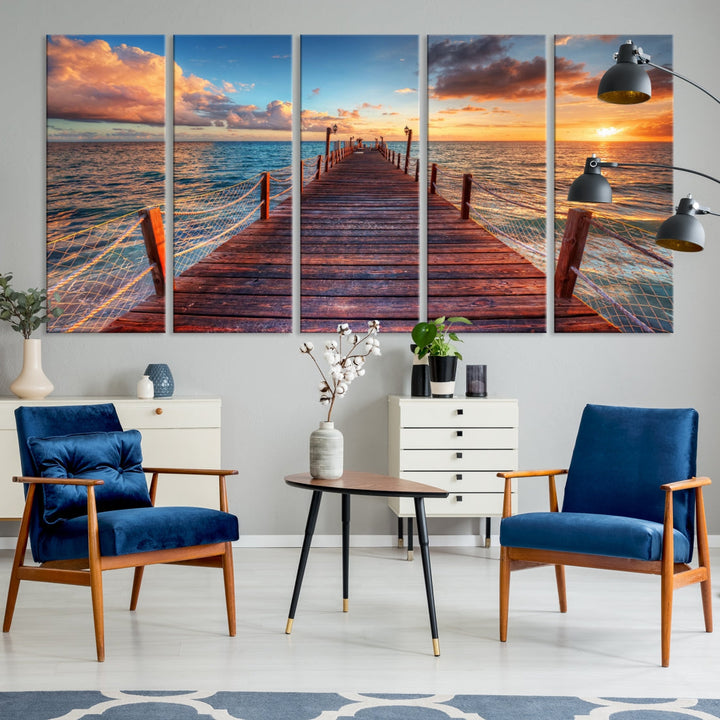 Multi Panel Sunset Beach and Pier Canvas Wall Art Giclee Print