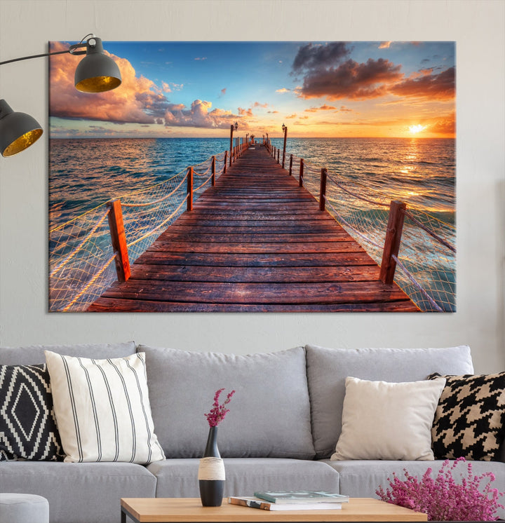 Multi Panel Sunset Beach and Pier Canvas Wall Art Giclee Print