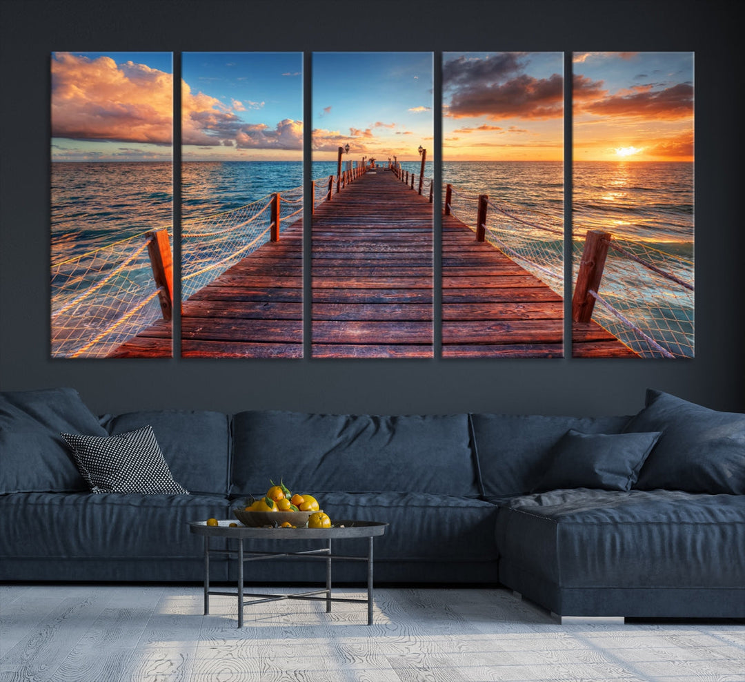 Multi Panel Sunset Beach and Pier Canvas Wall Art Giclee Print