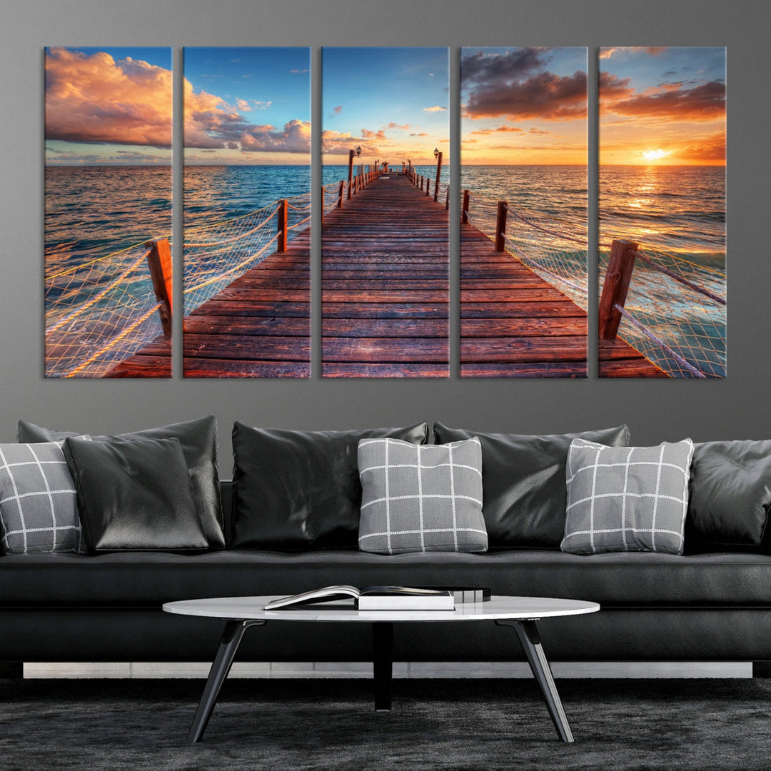 Multi Panel Sunset Beach and Pier Canvas Wall Art Giclee Print