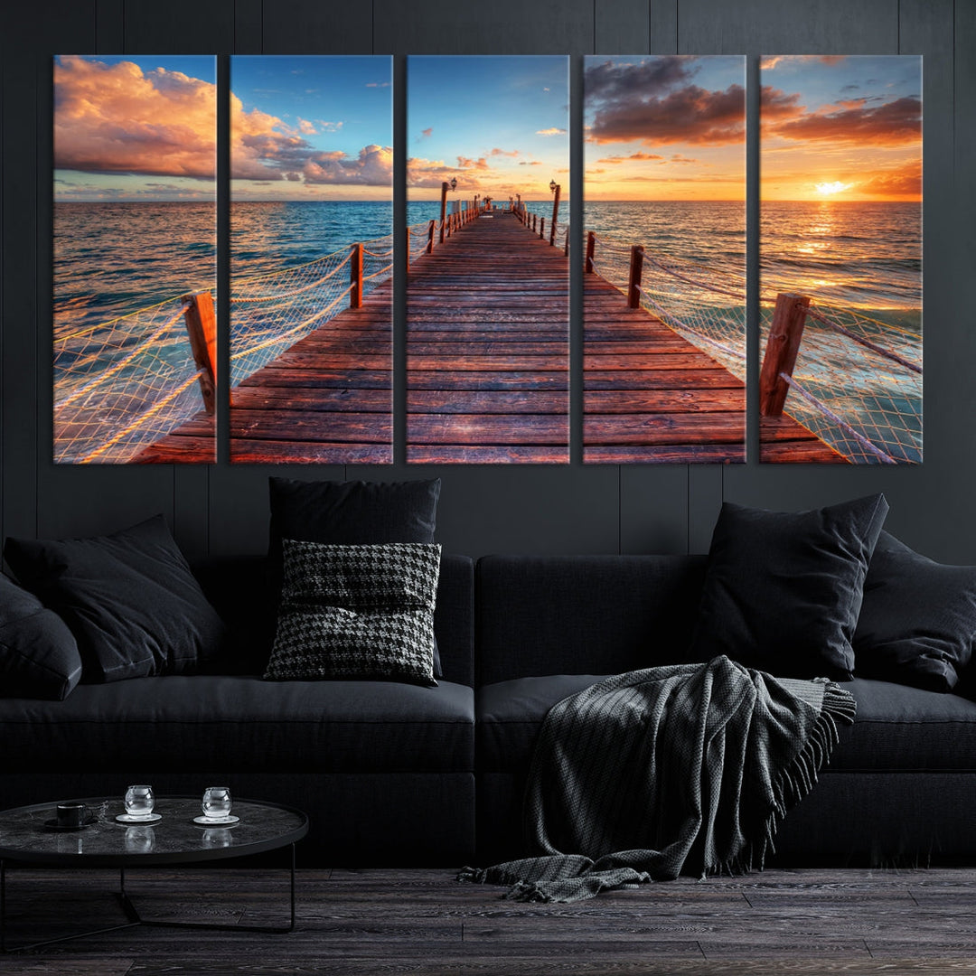 Multi Panel Sunset Beach and Pier Canvas Wall Art Giclee Print