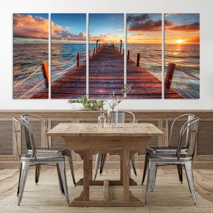 Multi Panel Sunset Beach and Pier Canvas Wall Art Giclee Print