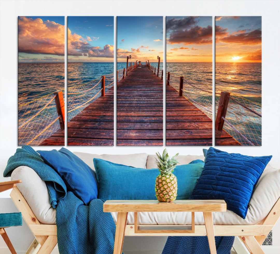 Multi Panel Sunset Beach and Pier Canvas Wall Art Giclee Print