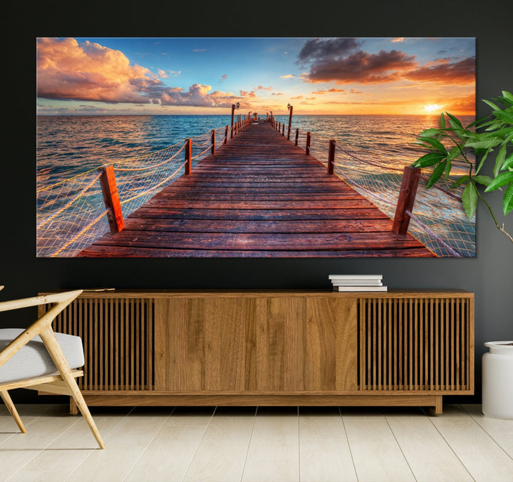 Multi Panel Sunset Beach and Pier Canvas Wall Art Giclee Print