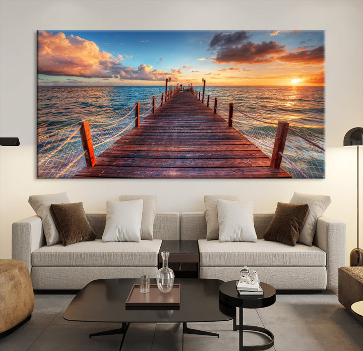 Multi Panel Sunset Beach and Pier Canvas Wall Art Giclee Print