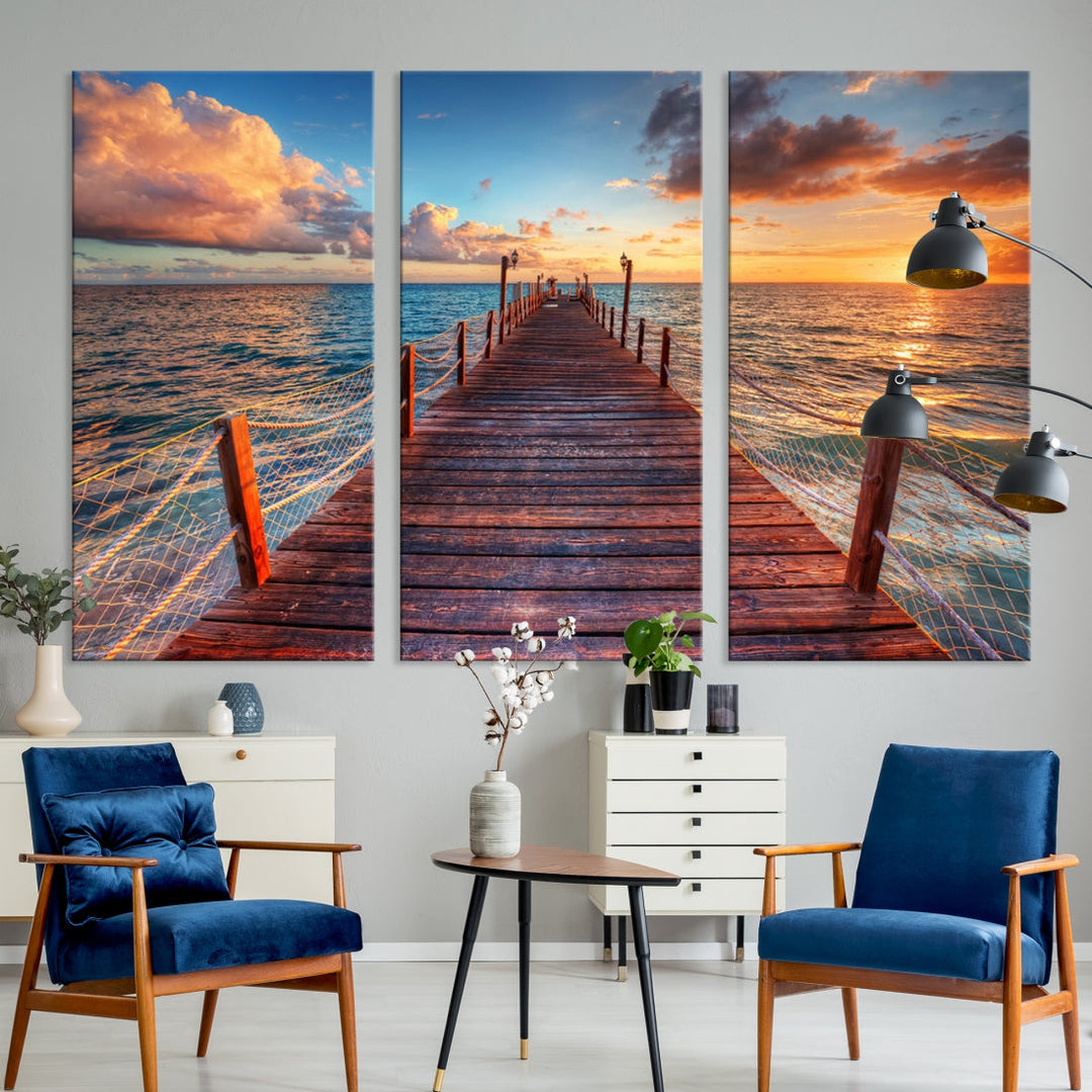 Multi Panel Sunset Beach and Pier Canvas Wall Art Giclee Print