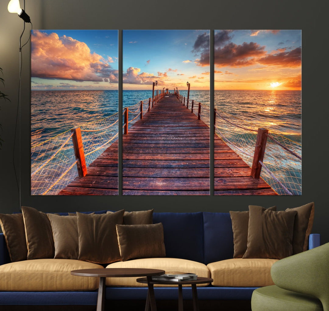 Multi Panel Sunset Beach and Pier Canvas Wall Art Giclee Print