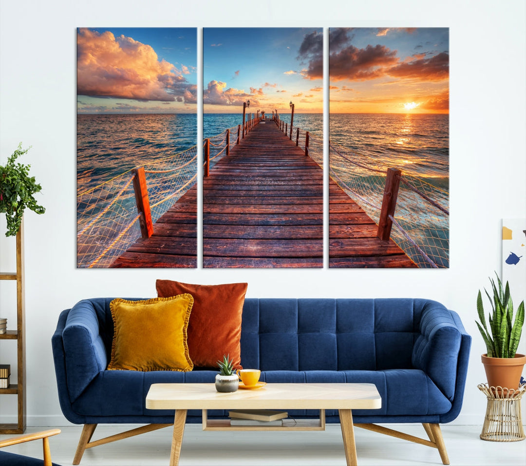 Multi Panel Sunset Beach and Pier Canvas Wall Art Giclee Print